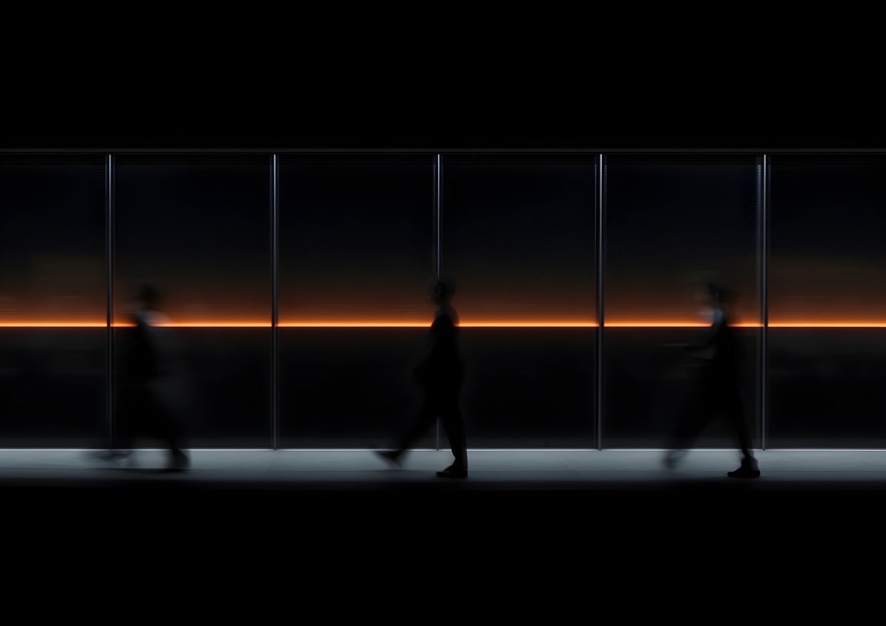 Figures in motion along a lit corridor, crossed by a single horizontal line of light
