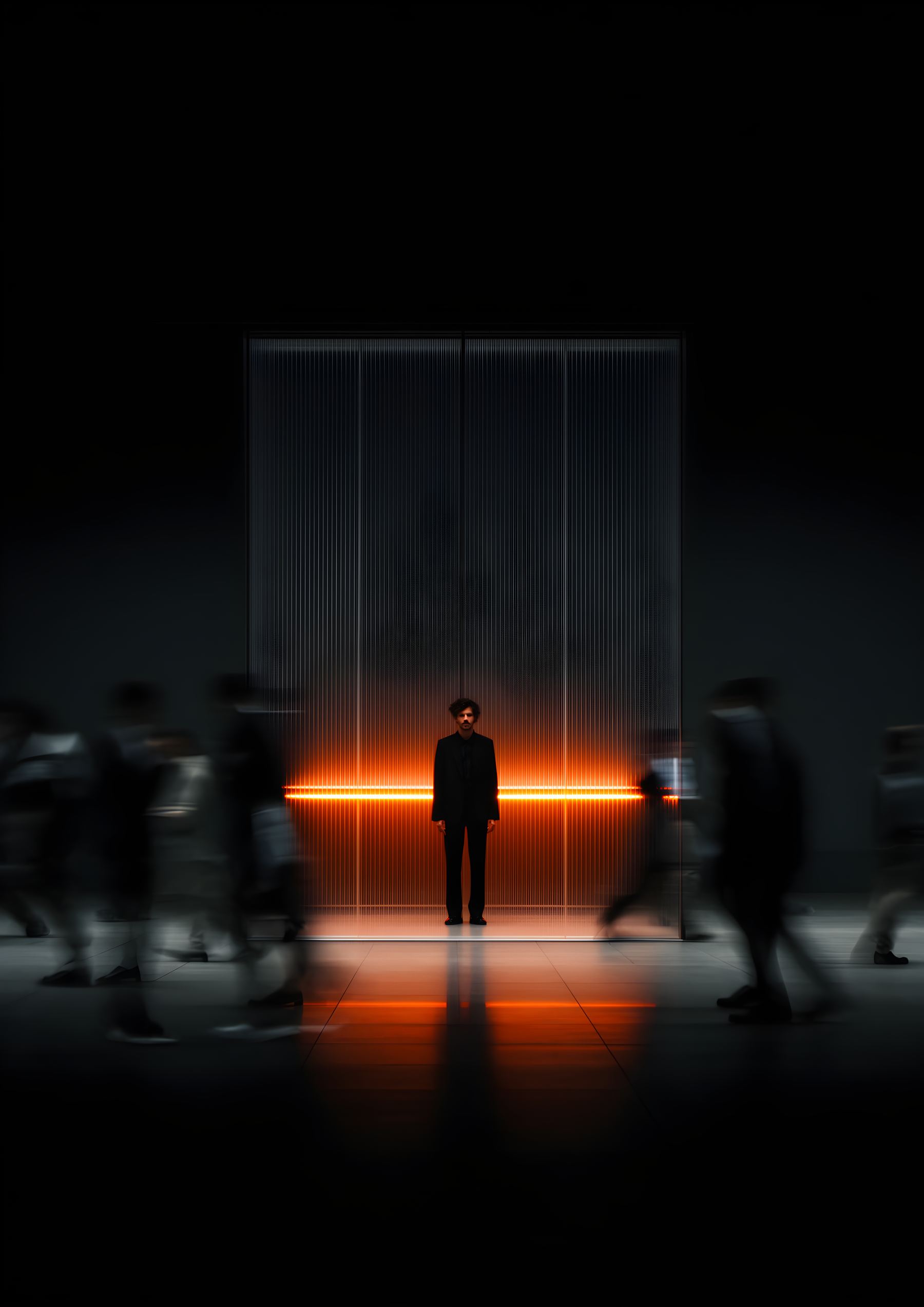 A figure behind a fluted glass partition, present but not identifiable
