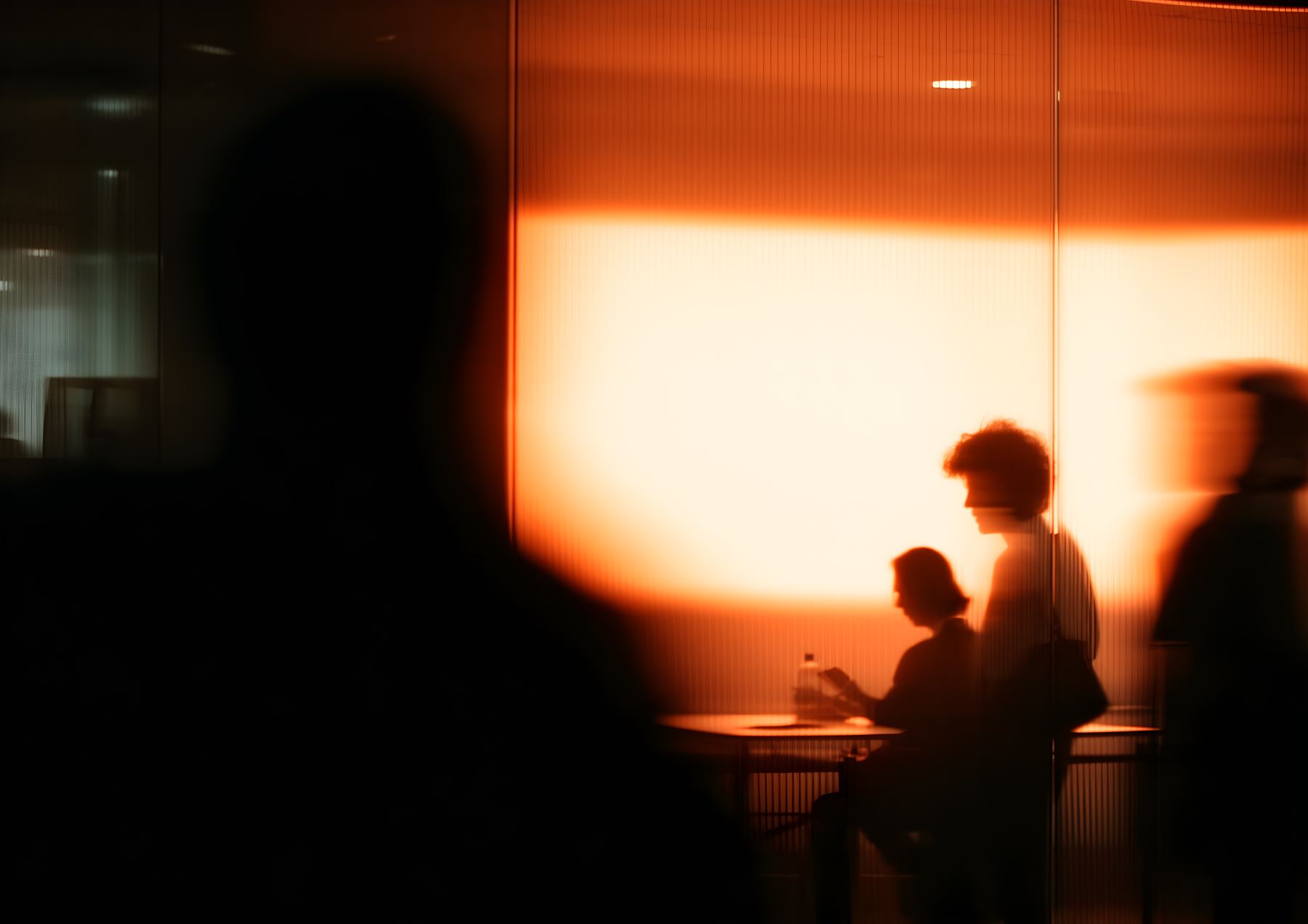 Silhouetted figures in conversation behind fluted glass