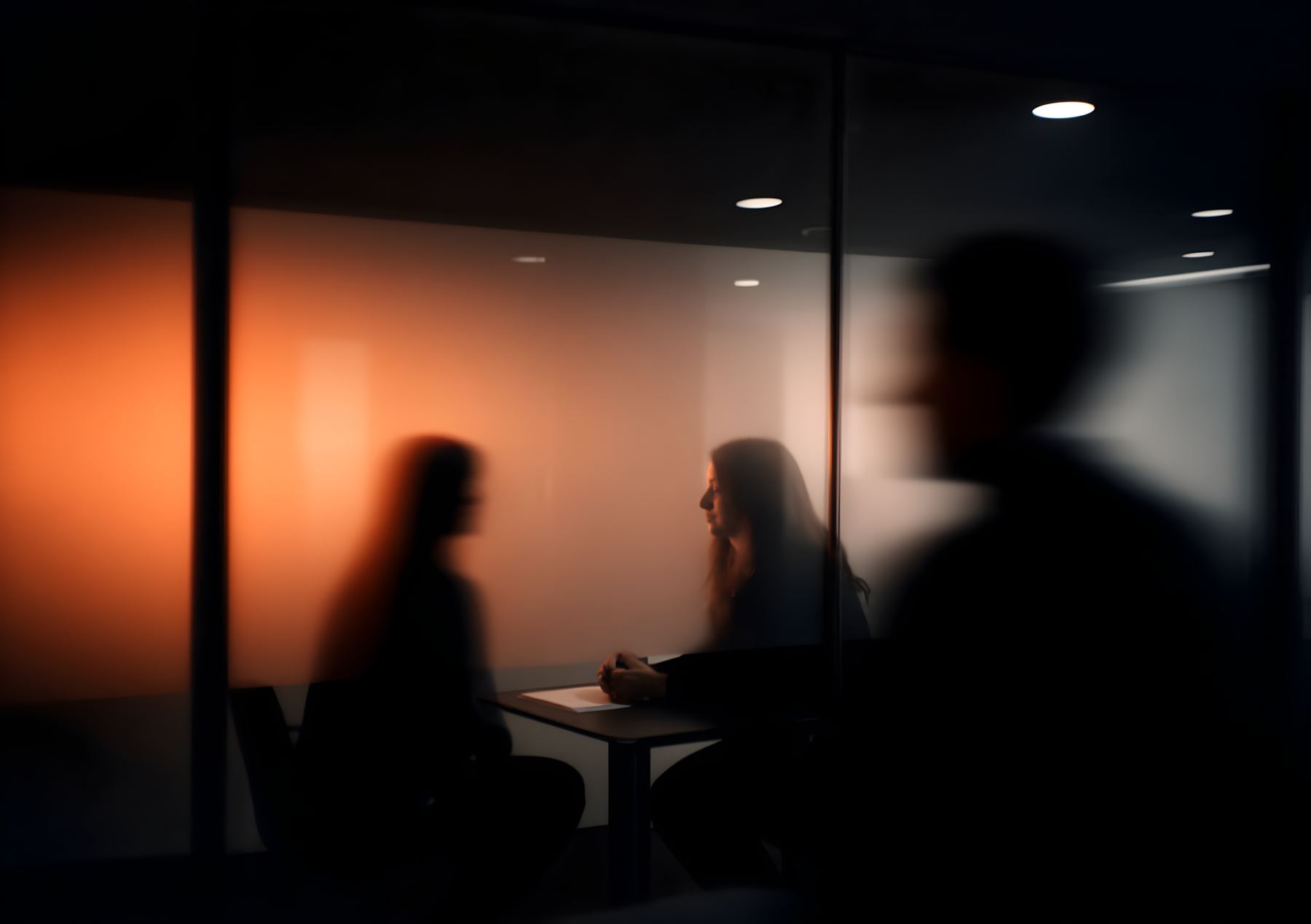 A conversation in low light, faces turned away from the camera